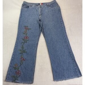 VTG French Cuff Embroidered Rose 16 Jeans Flare Wide Leg Raw Hem Y2K Boho
